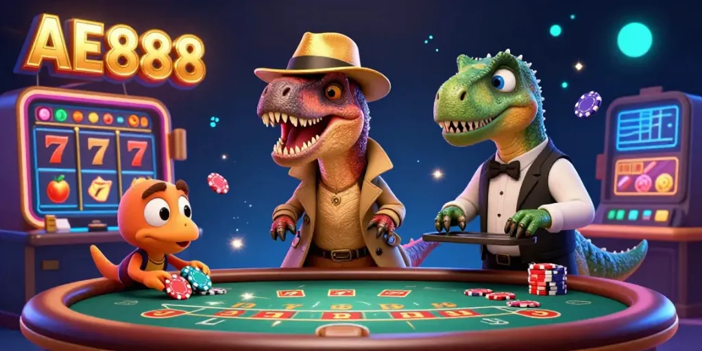 Experience excitement at AE888 casino with a velociraptor card counter, a stegosaurus pit boss, and a sneaky compy amidst dynamic gaming elements.