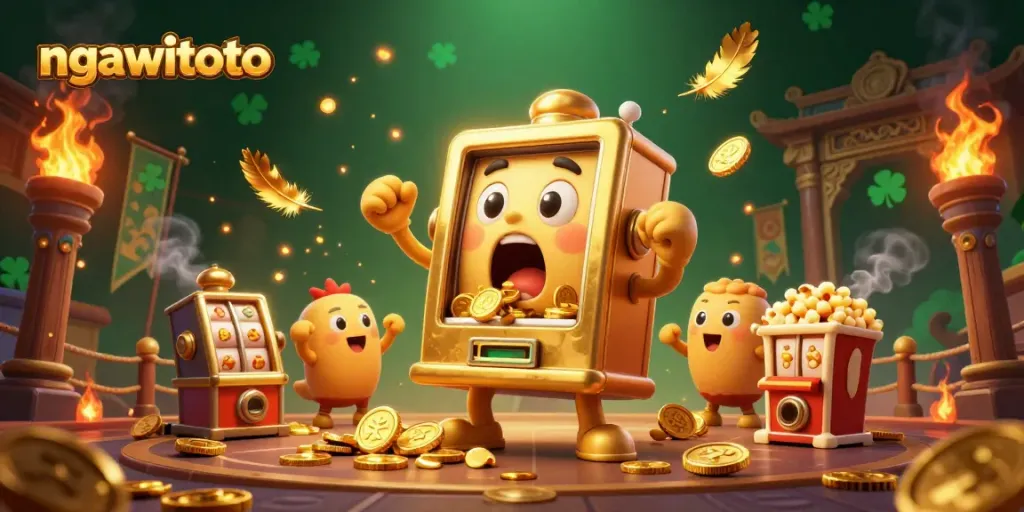 Mengguncang jackpot, ngawitoto mengeluarkan koin sambil dikelilingi mesin slot kecil dan popcorn, suasana kasino yang meriah.