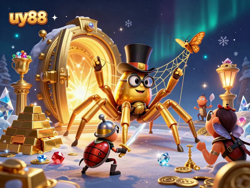 Bet on uy88's vibrant casino world with a giant golden tarantula and a brave beetle knight surrounded by treasures.