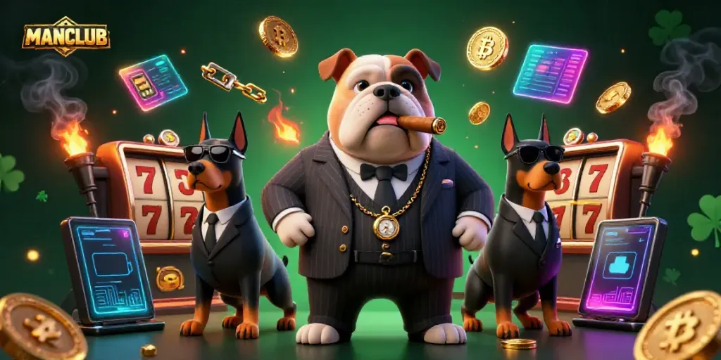 Engaging MANCLUB illustration featuring a mafia boss bulldog with slot reels, neon coins, and jackpot elements.