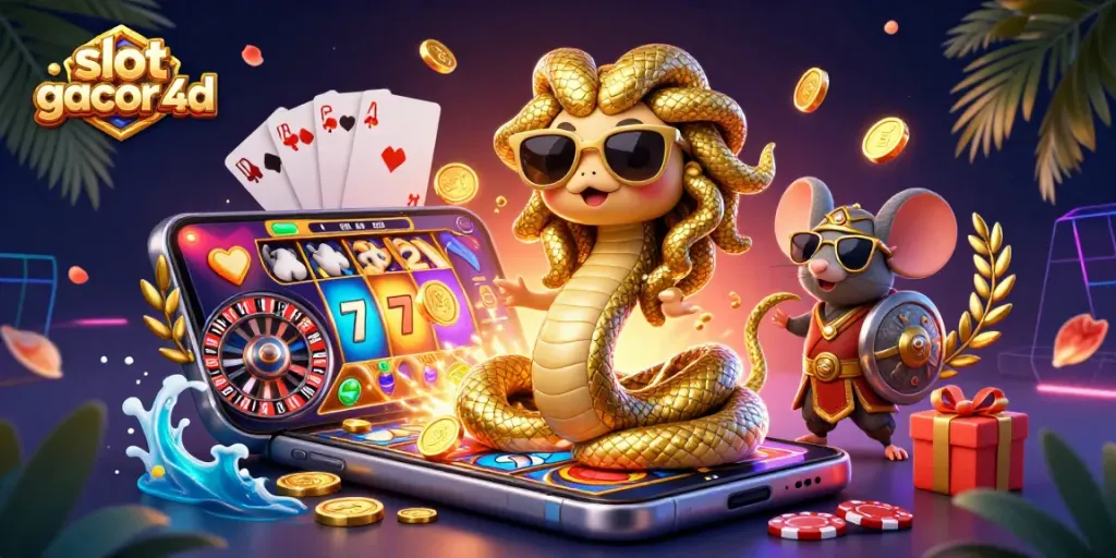 Slot gacor 4d hadir dalam ilustrasi 3D menggembirakan dengan Medusa dan mouse pejuang di tengah suasana kasino.