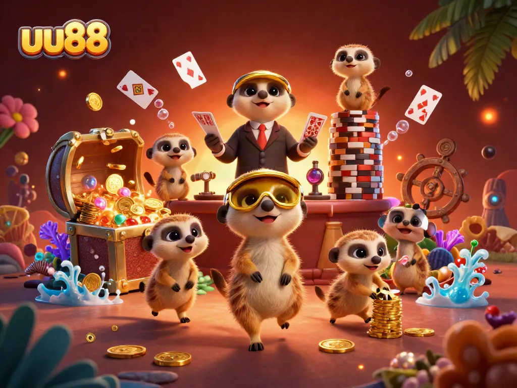 Experience uu88 with meerkats operating a lively casino, bursting with action and vibrant colors.