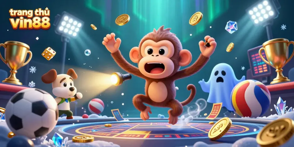 Experience the excitement of trang chủ vin88 with a thrilling casino scene featuring playful characters and dynamic game elements.