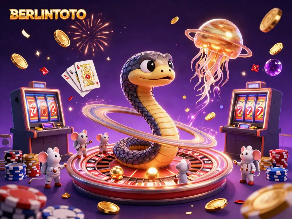 Engage with BERLINTOTO in a vibrant cosmic casino scene featuring playful astronaut mice and a golden jellyfish dealer.