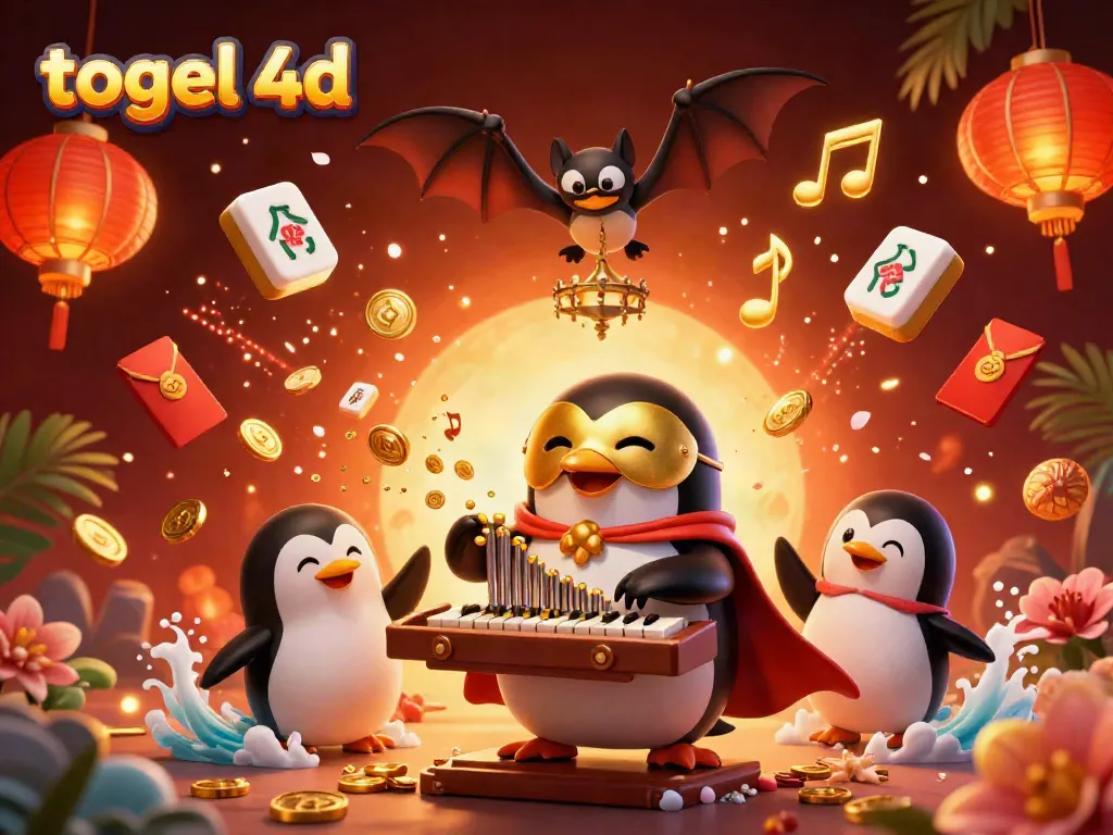 Gambar menarik dari togel 4D menampilkan karakter lucu dengan koin emas dan elemen perjudian yang kaya.