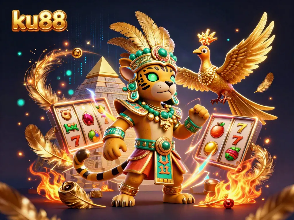 Experience the excitement of ku88 with a vibrant 3D casino scene featuring a Mayan jaguar priest and slot elements.