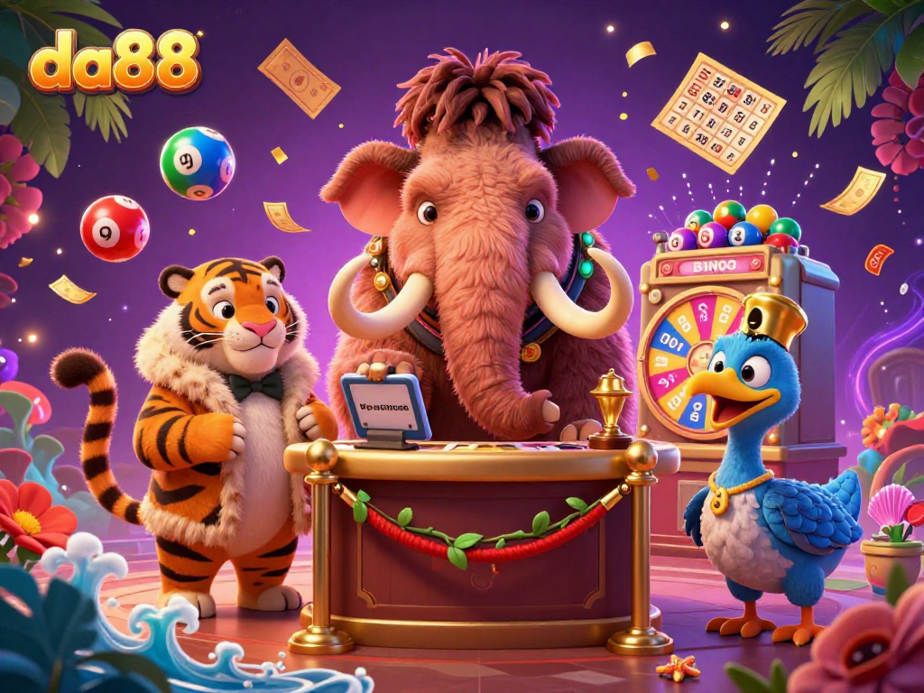 Play exciting lottery games at da88 with a fun 3D scene featuring a woolly mammoth bouncer and colorful lottery elements.