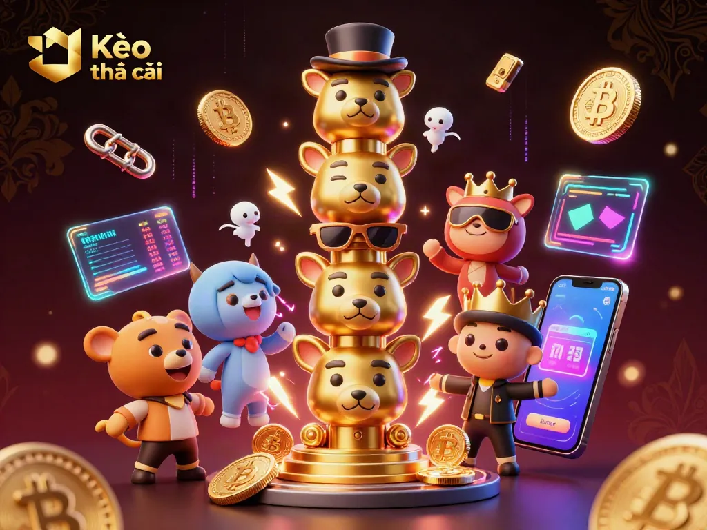 Engage with Kèo nhà cái in a dynamic 3D sports betting illustration featuring lively totems and glowing crypto elements.