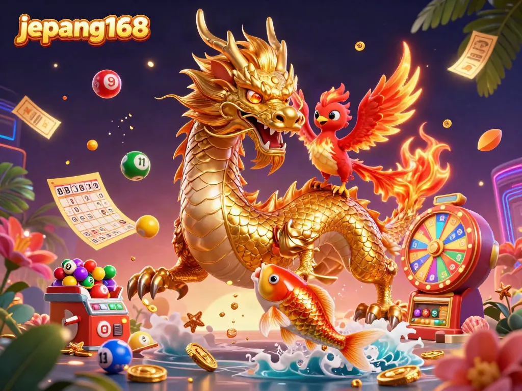 Win big with Jepang168 illustrated by a golden dragon, phoenix, and koi amidst vibrant casino elements.