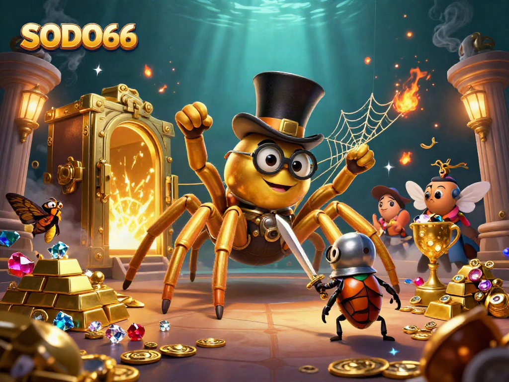 SODO66 showcases a vibrant scene of a golden tarantula and knight amidst treasure vaults and casino elements.
