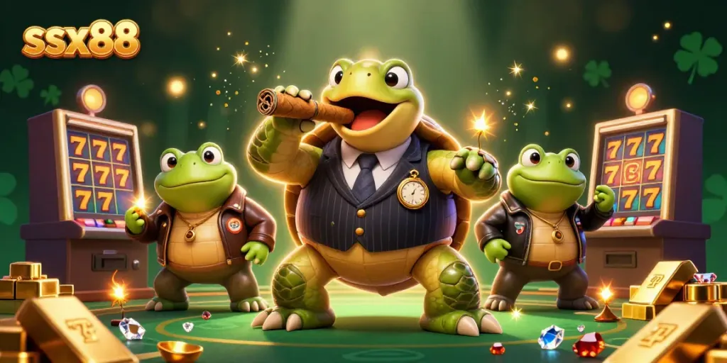 ssx88 - Enjoy fun slots and lavish treasures in a vibrant cartoon casino scene.