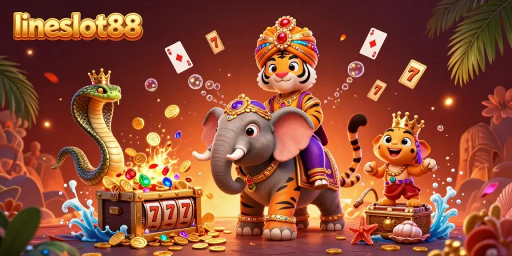 Experience the thrill of lineslot88 with an illustrated scene featuring a maharaja tiger and vibrant slot elements.