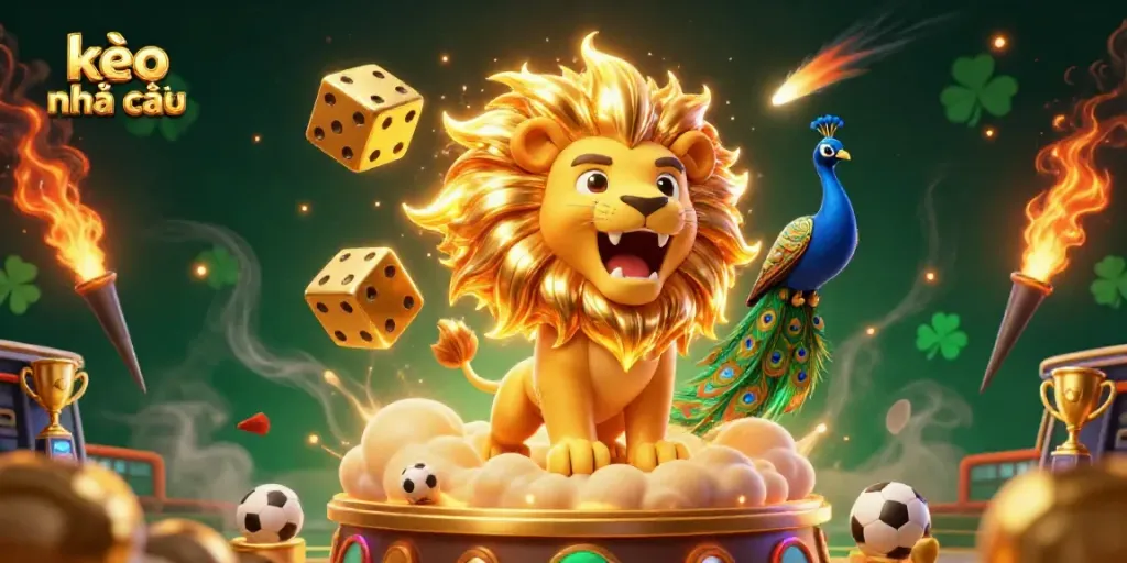 Experience the excitement of kèo nhà cái with a vibrant scene of sports elements and a majestic sun lion.