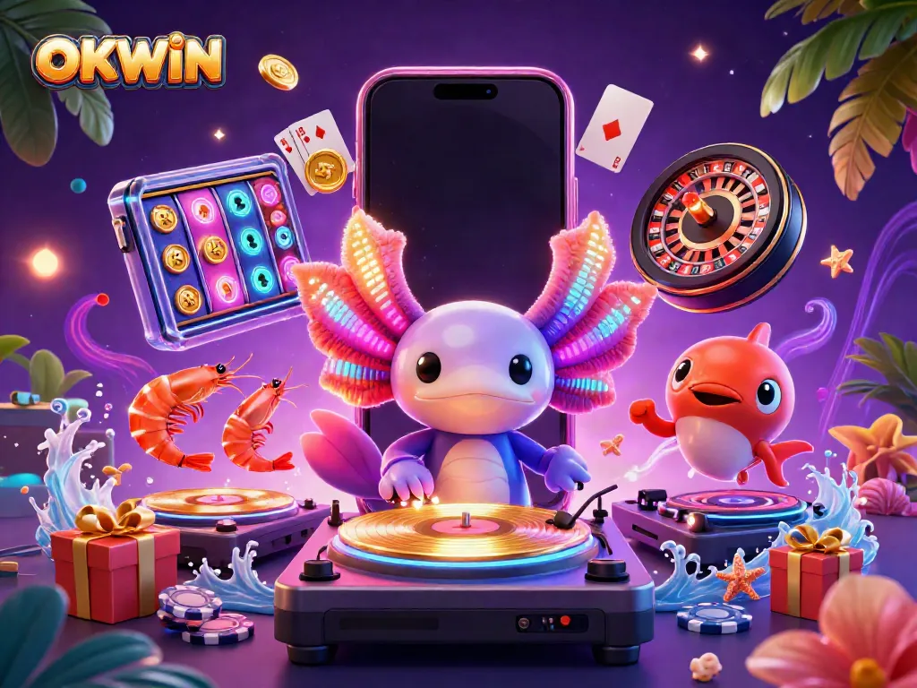 Experience thrilling gaming excitement at OKWIN with vibrant characters and dynamic casino elements.