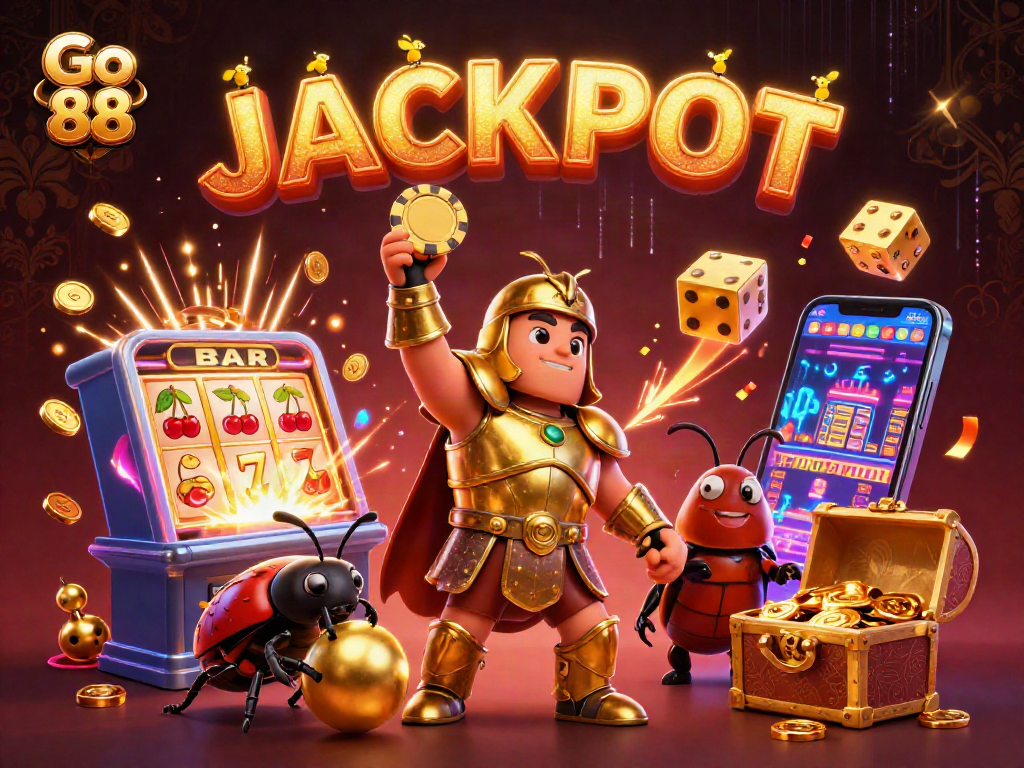 Experience Go 88 excitement with hercules beetles celebrating a jackpot surrounded by casino elements.