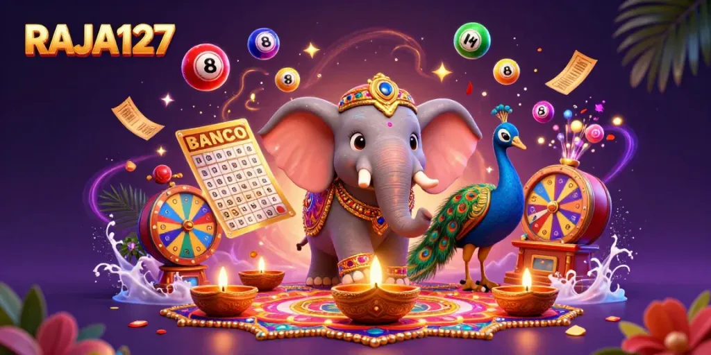 Experience the excitement of gambling with RAJA127 in this vibrant 3D illustration featuring an elephant and bingo cards.