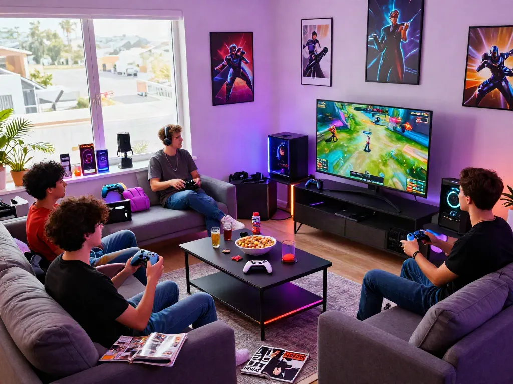 Exciting gaming moments at istana404 with friends in vibrant living room.