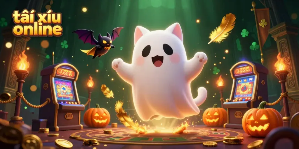Experience thrilling gameplay with the friendly ghost cat in this vibrant tài xỉu online casino scene.