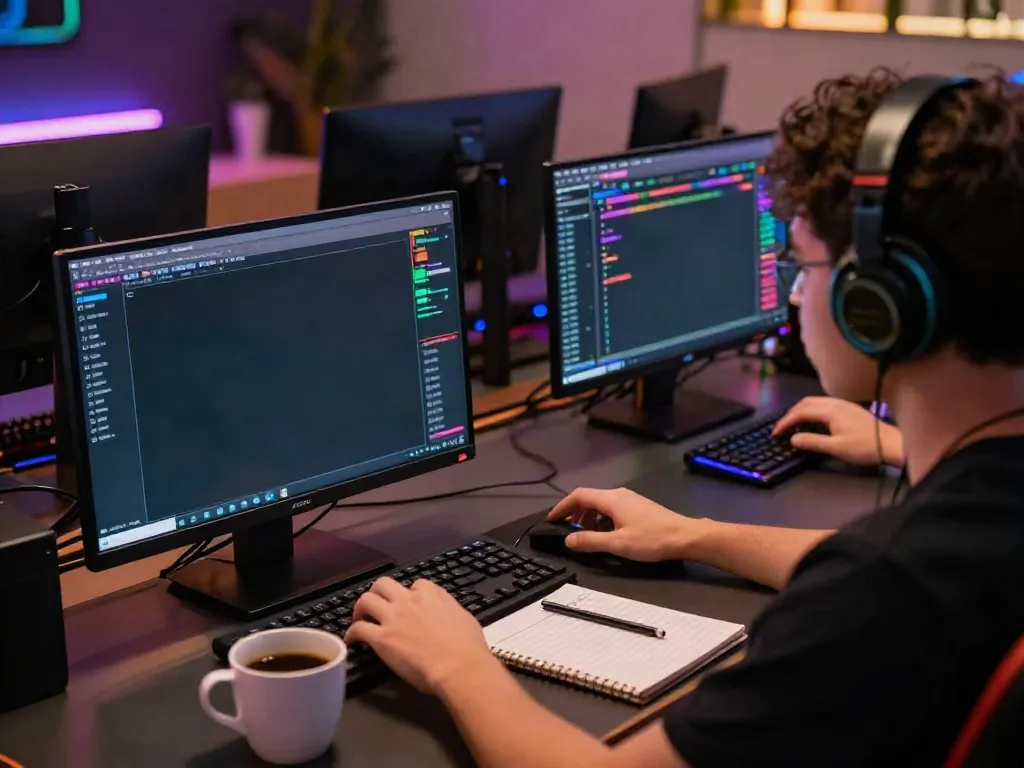 Engaged user analyzing togel online results on multiple screens in a vibrant gaming setup.