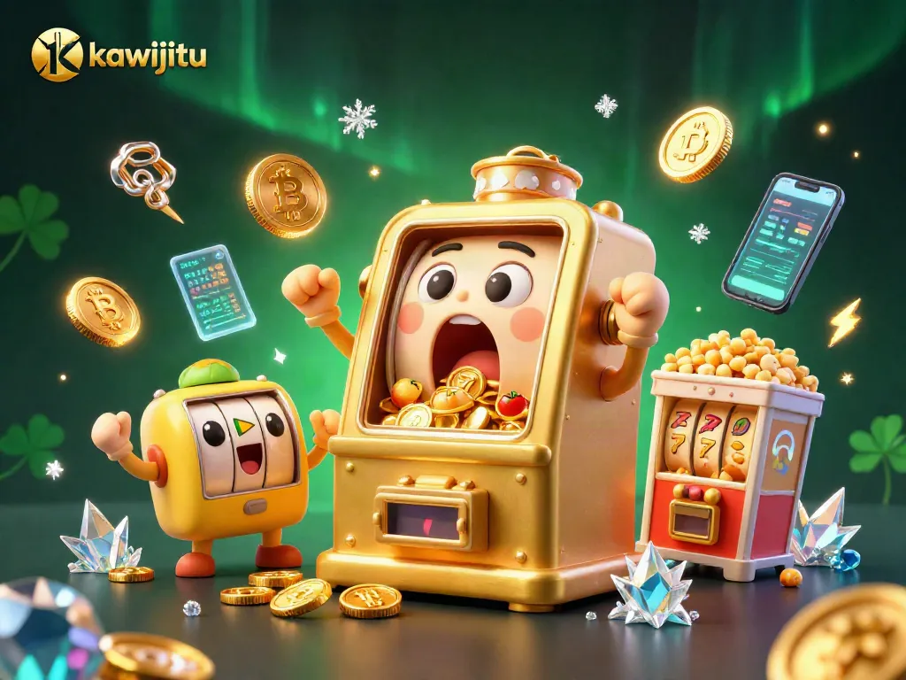 Kawijitu memicu jackpot besar dengan mesin slot emas dan mesin slot kecil bersorak di sekelilingnya.