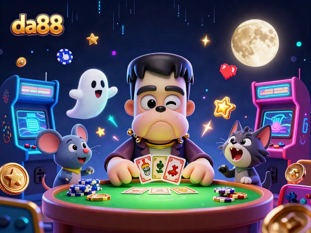 Engage in gameplay at da88 with a spooky scene featuring unique characters and vibrant casino elements.