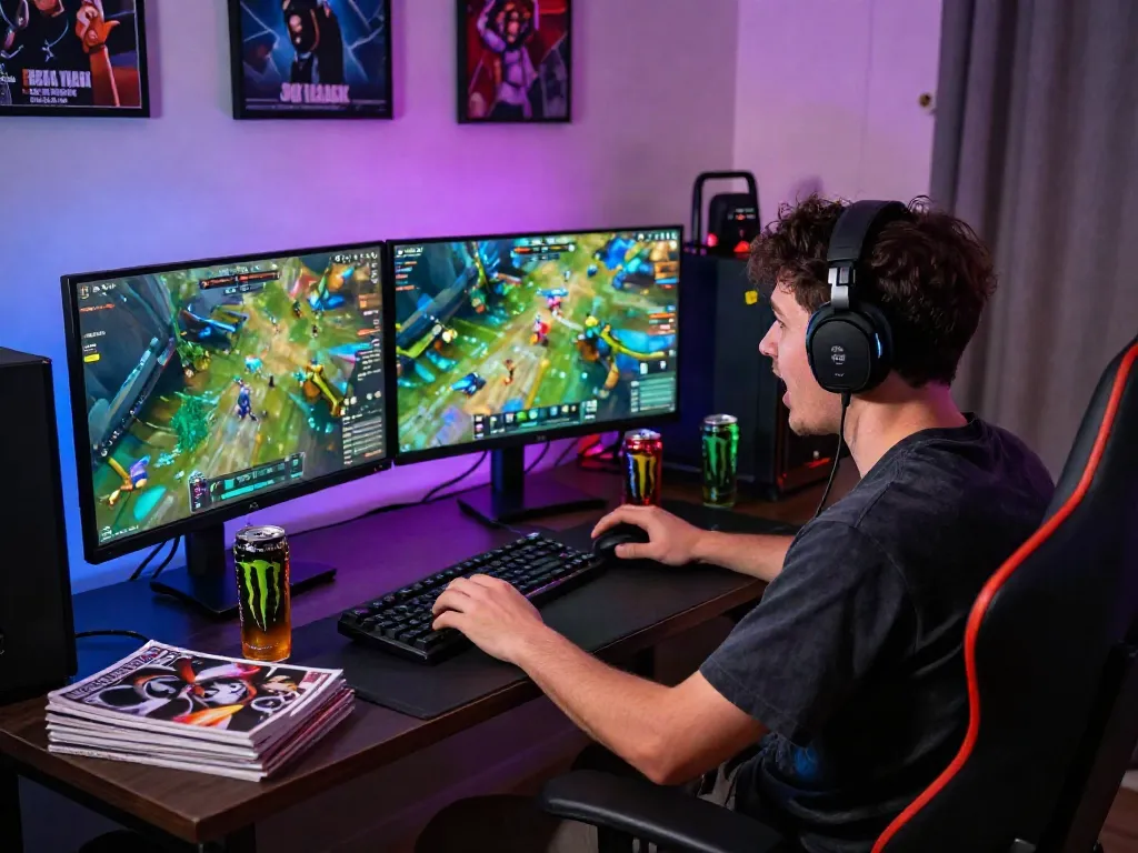 Engaged gamer playing on garuda404 platform with vibrant screen displays and energetic atmosphere.