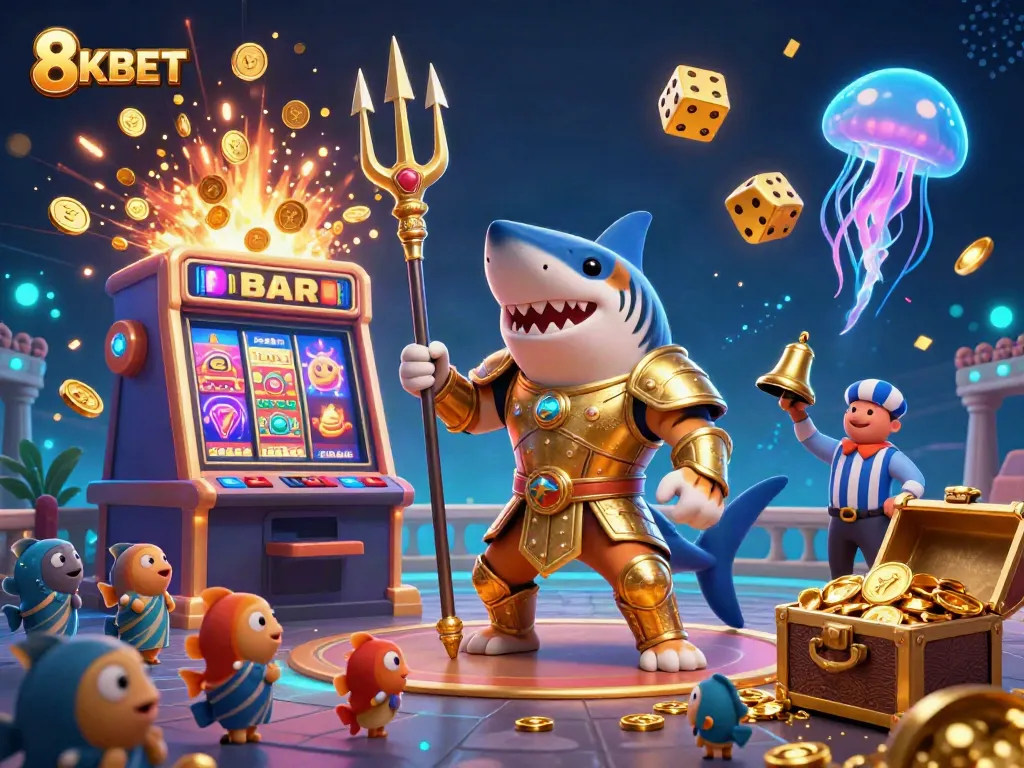 Experience thrilling gameplay at 8KBET with dynamic scenes of a tiger shark and exciting casino elements.