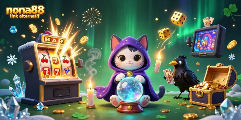 Win big with nona88 link alternatif in this dynamic casino scene featuring magical characters and slot excitement.
