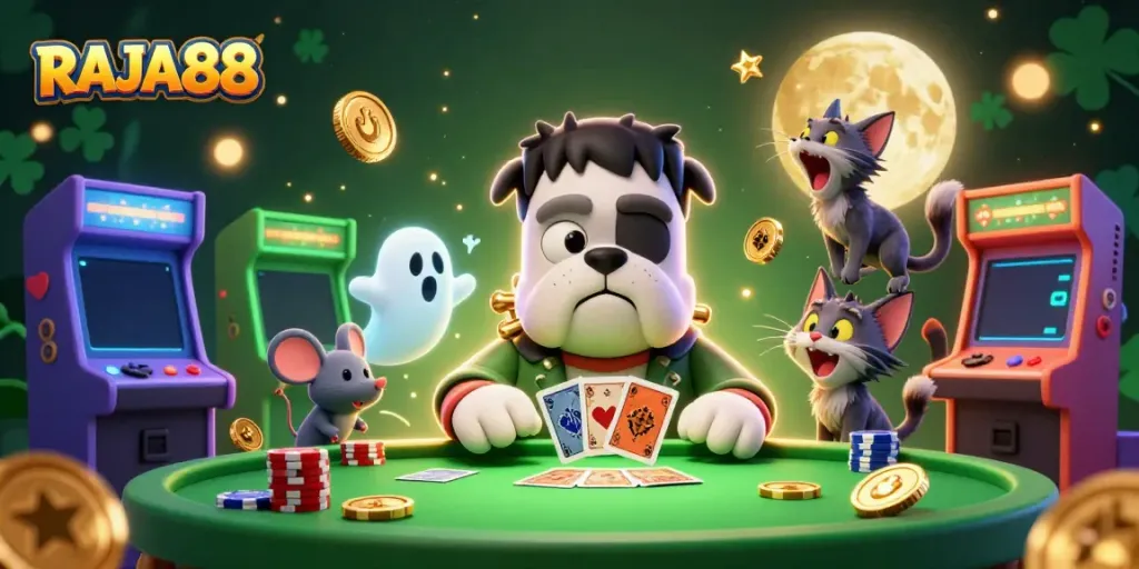 Win exciting rewards at RAJA88 with a colorful casino-themed illustration featuring unique characters.