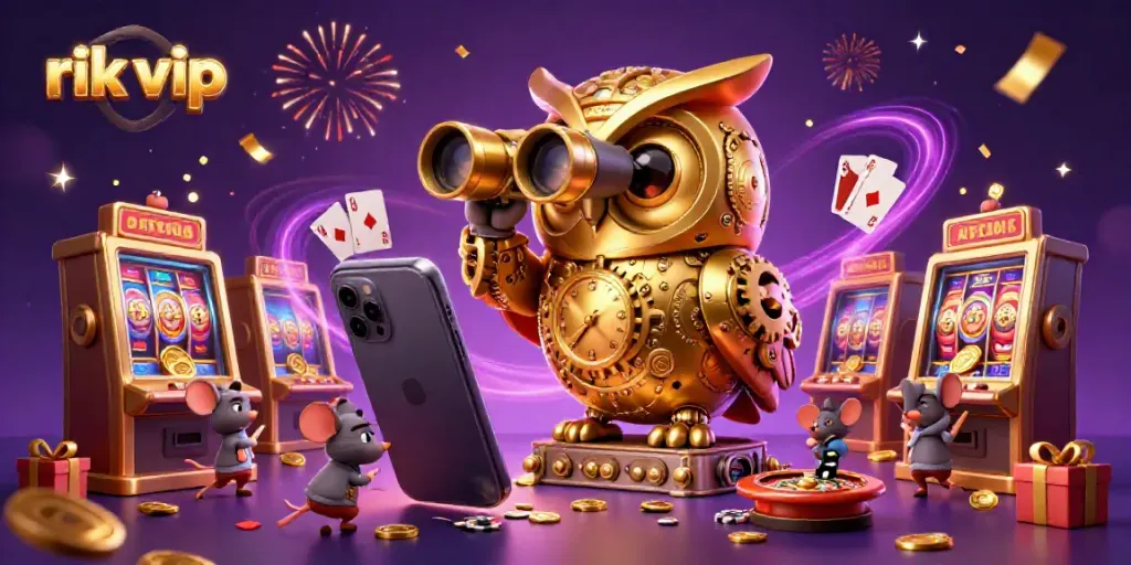 Join the excitement with rik vip casino, where a golden owl guards spinning slot games and vibrant action.
