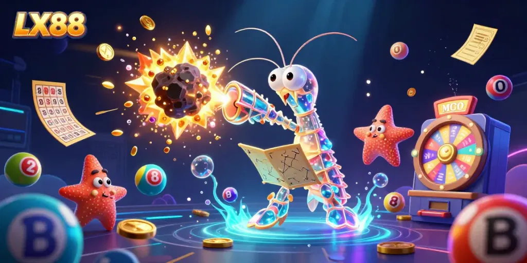LX88 interactive experience showcases an energetic scene with colorful lottery elements and a galactic shrimp hero.