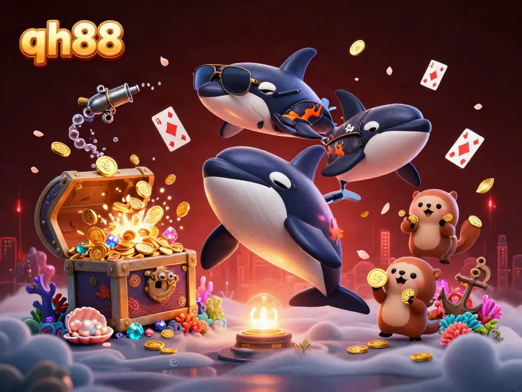 Engaging scene featuring qh88 characters including an orca with coins, surrounded by casino-themed elements.