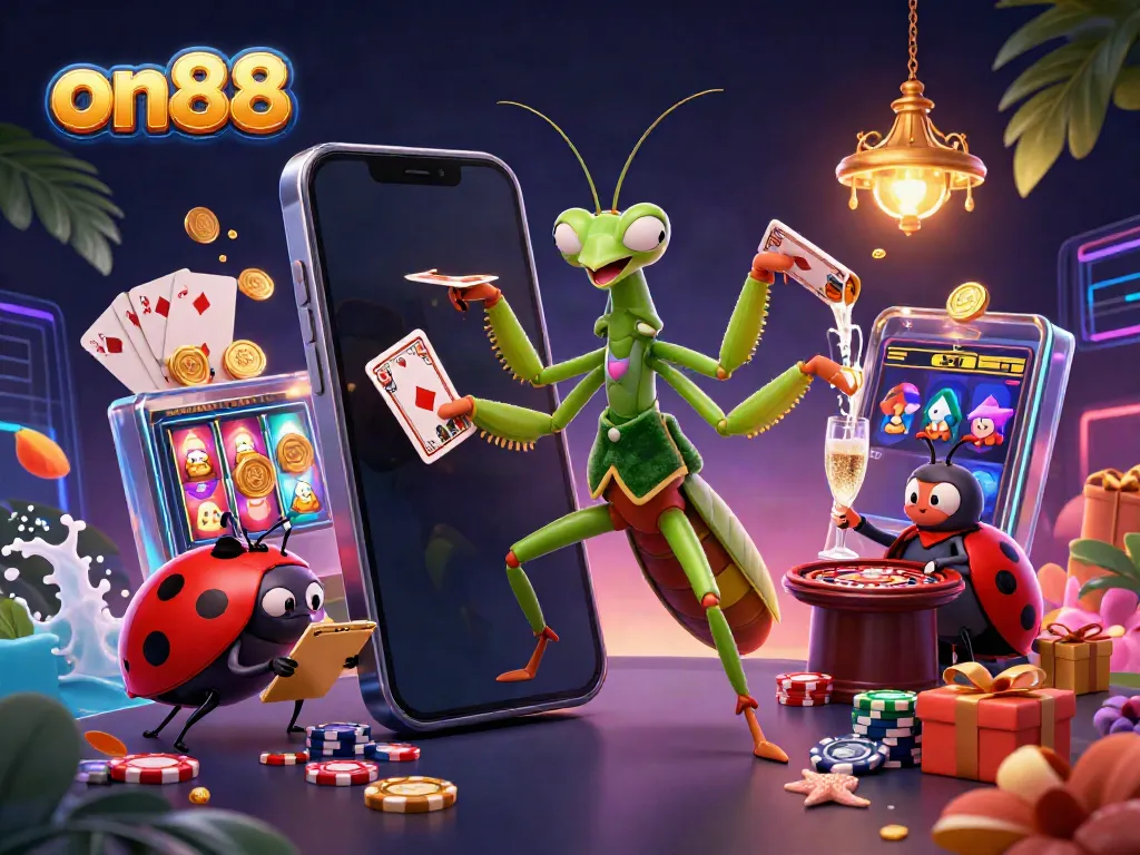Engage with on88's vibrant gambling scene featuring a mantis dealer and ladybug pit boss surrounded by games.