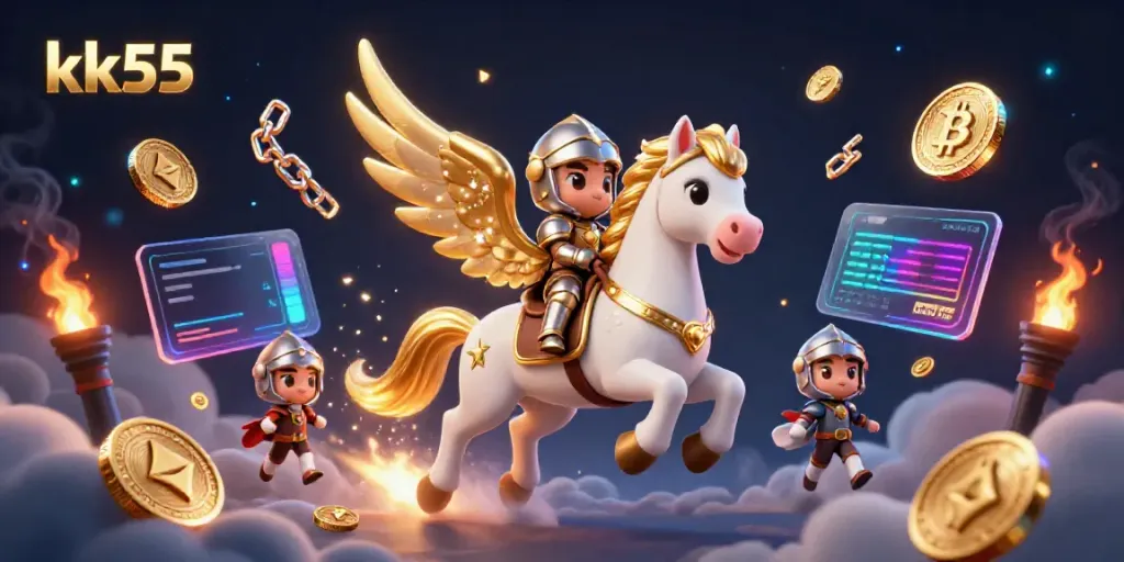 Experience exciting gaming adventures at kk55 with a dynamic 3D illustration showcasing a unique cosmic horse and knight.