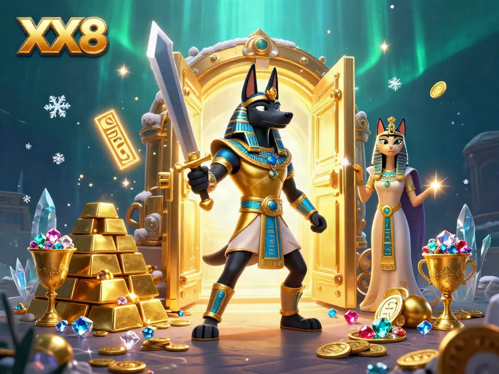 Experience the allure of XX8 with Anubis and Bastet surrounded by treasures in this casino scene.