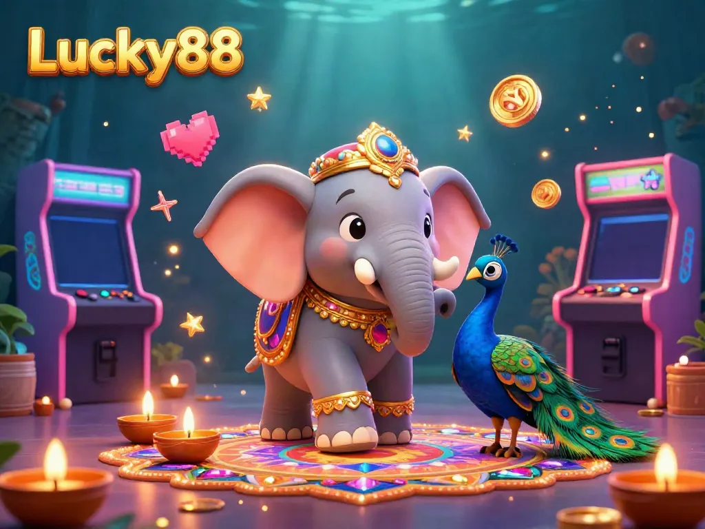Experience thrilling gameplay at Lucky88 with a vibrant scene featuring a Diwali-themed elephant and arcade visuals.