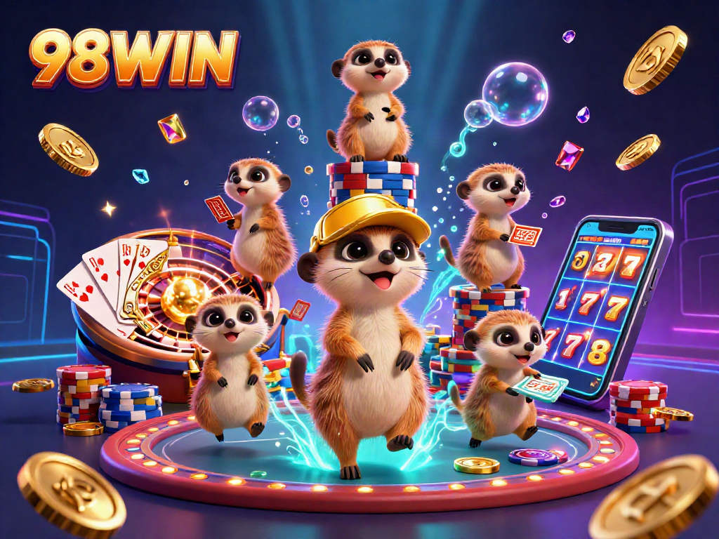 Experience the excitement of 98WIN with meerkats in a dynamic casino scene filled with gold and gems.