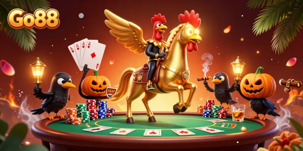 Go88 showcases a golden rooster riding a spectral horse in an exciting casino scene.