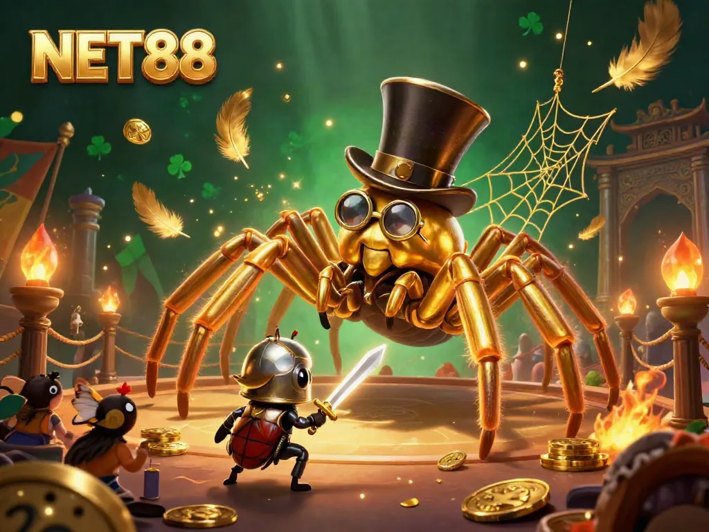Experience NET88's vibrant online casino atmosphere with a heroic beetle knight and majestic tarantula amid a winning celebration.