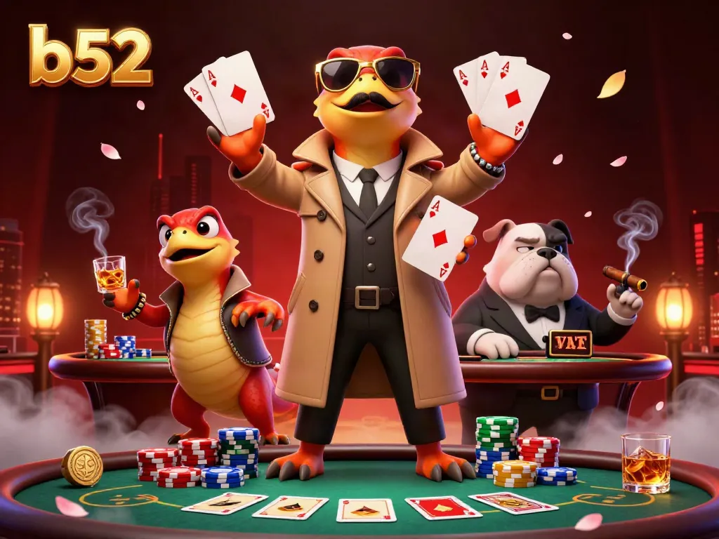 Three raptors disguised in a trench coat entering a VIP casino, featuring poker elements, for b52 players.