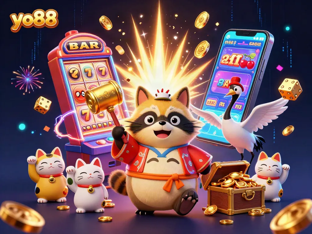Experience thrilling wins at yo88 while a cheerful tanuki celebrates with lucky symbols and jackpots.