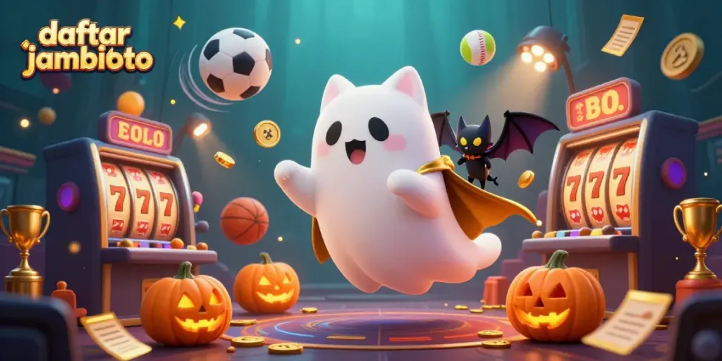 Engage in thrilling gaming adventures at daftar jambitoto, surrounded by ghostly characters and exciting casino elements.