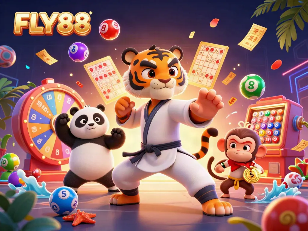Engage with FLY88 in a thrilling lottery scene featuring playful cartoon characters and vibrant game elements.