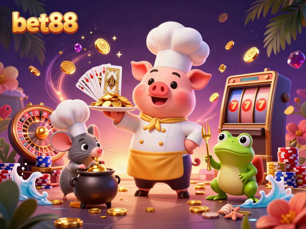 Experience thrilling gambling at bet88, featuring cartoon characters in a dynamic casino scene.