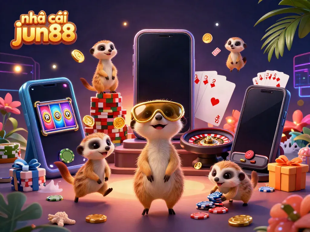 Engaging scene of a 3D cartoon meerkat colony managing a vibrant casino, showcasing nhà cái jun88.