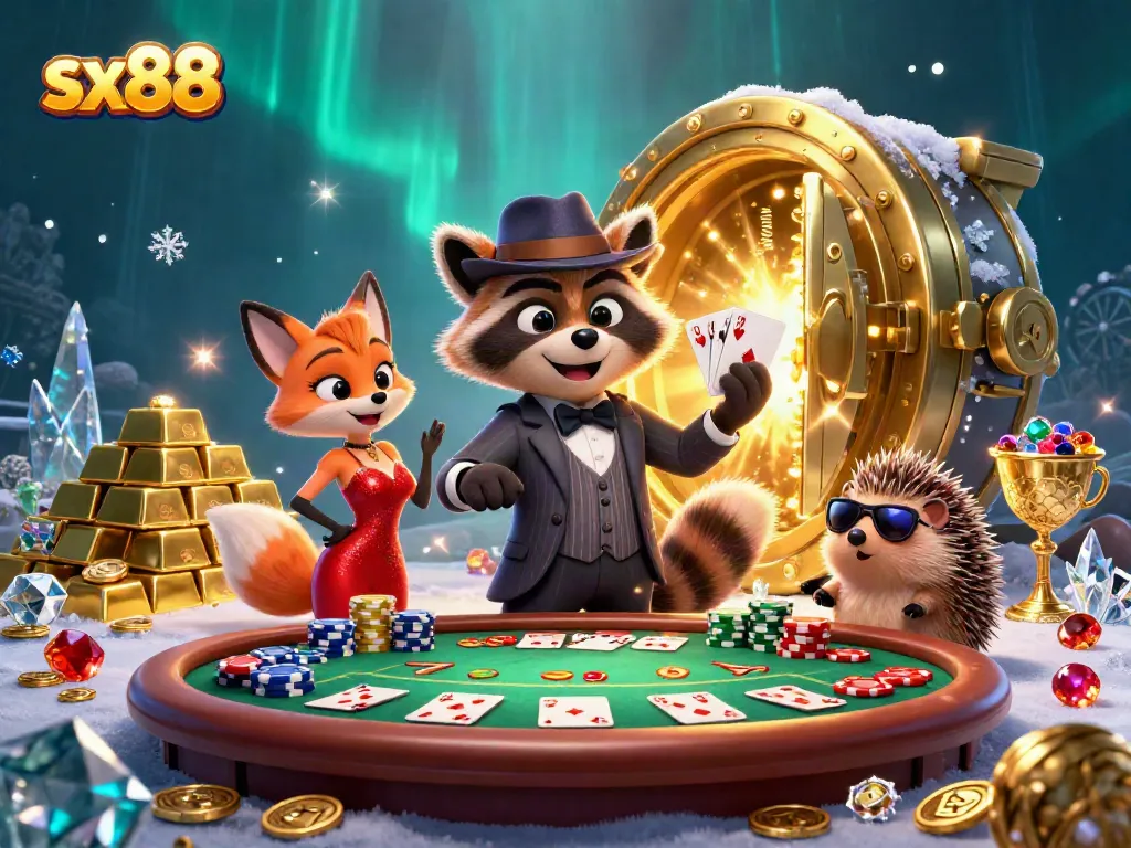 Win big at sx88 with our vibrant casino scene featuring a raccoon, fox, and hedgehog amidst poker riches.