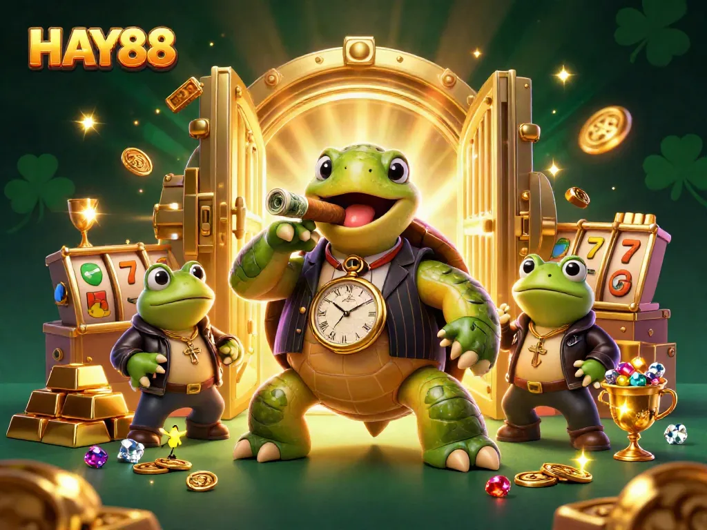 Experience HAY88 with a vibrant casino scene featuring a mobster turtle, bullfrog enforcers, and treasure elements.