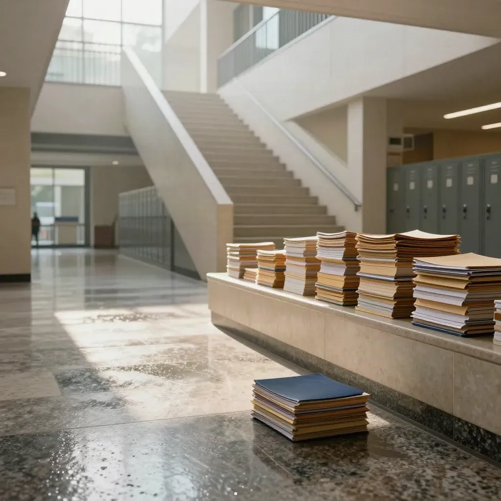 Nowoczesne atrium szkoły z folderami rekrutacji, schodami i półką książek w porannym świetle.