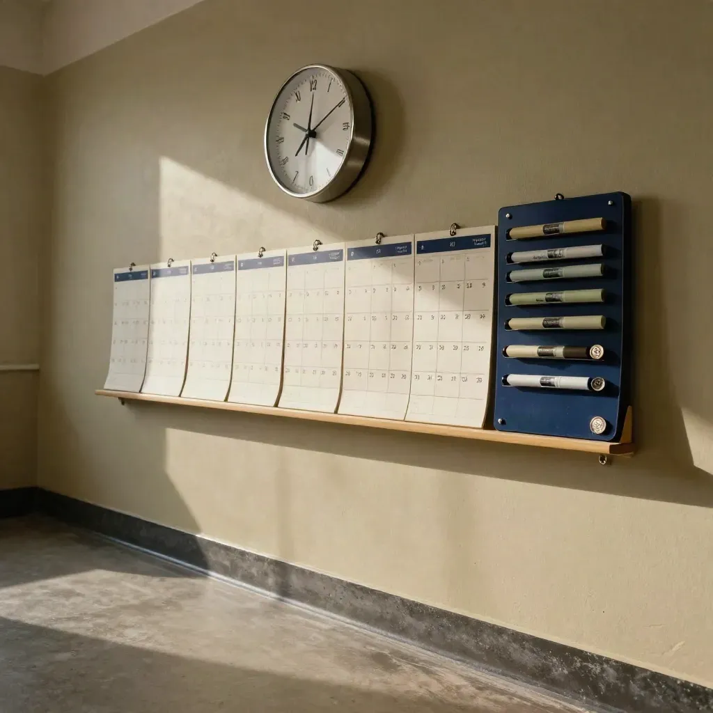 Ścienna strefa terminów egzaminów z zegarem, blokami kalendarza i tacką przypomnień.