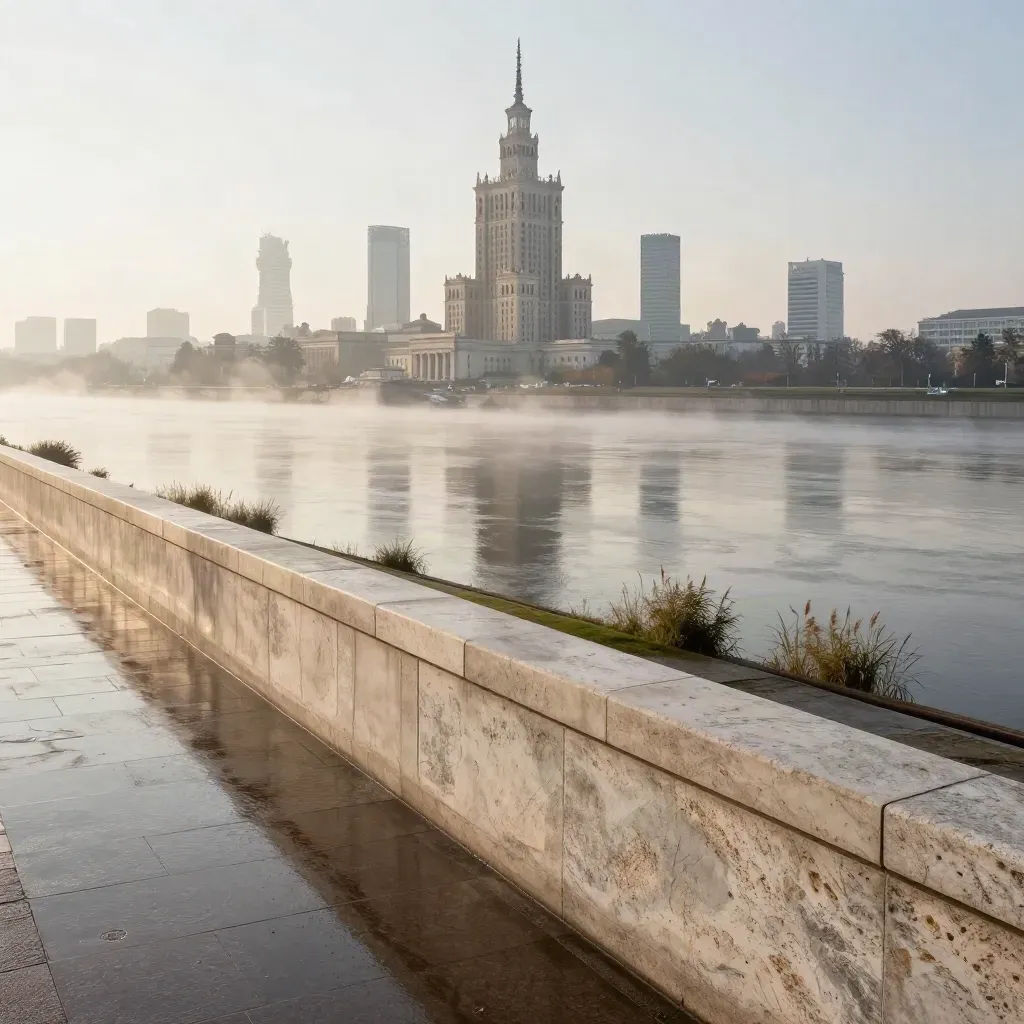 Warszawa nad Wisłą o poranku, Pałac Kultury w mgiełce, mokry brzeg i spokojna przestrzeń
